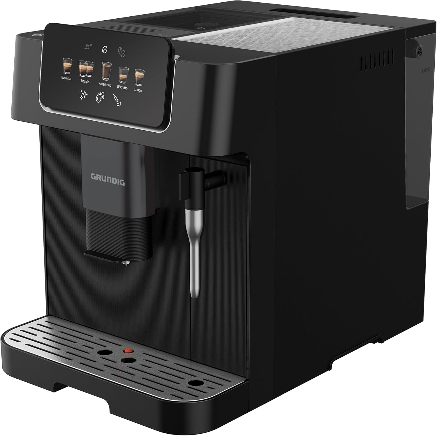 GRUNDIG KVA 6230 fuldautomatisk espressomaskine med mælkeskummer, rustfri stålkværn med 13 slibeindstillinger, bønnebeholder 250 g, aftagelig vandtank 2 liter, pumpetryk 19 bar, touchdisplay, sort
