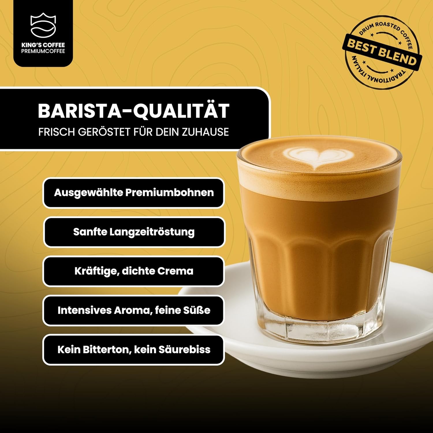 KING'S COFFEE - SÆRLIG RISTNING - 1 kg Barista Premium Espresso bønner - Kaffe med lav syreindhold - Lille batchristning i Italien - Den fineste Arabica-Robusta-blanding til fuldautomatiske og portafiltermaskiner