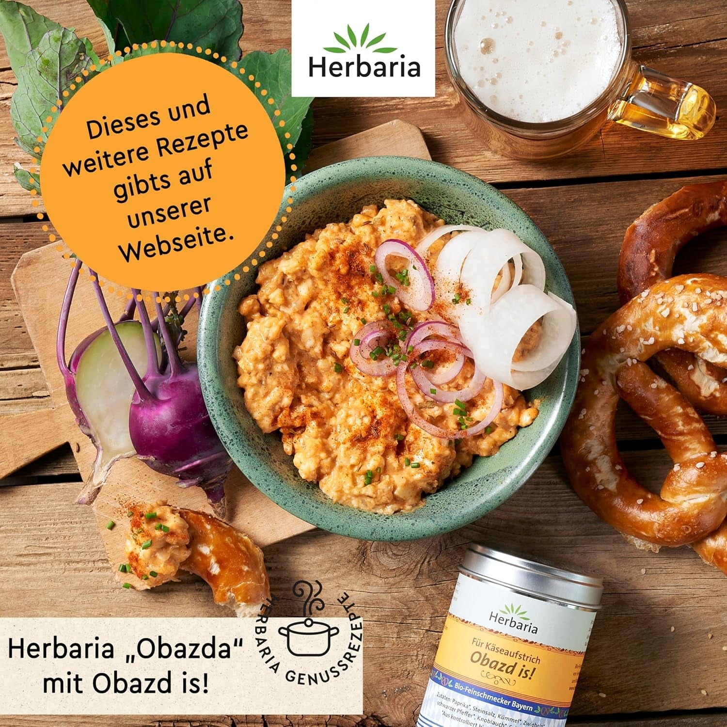 Herbaria Obazd er! bio 90g M-Dose – Bio-Gewürzmischung bayerischen Biergartenklassiker Obazda – for Brotaufstriche, Käsegerichte, Käsefondue – Raclette Gewürz - i nachhaltiger Aromaschutz-Dose