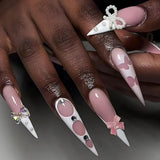 Moonglow Lange Negle Stiletto Mælkehvid Pink Gradient Glitter Cool falske negle med lim Pink Ombre Glitter Kunstige negle
