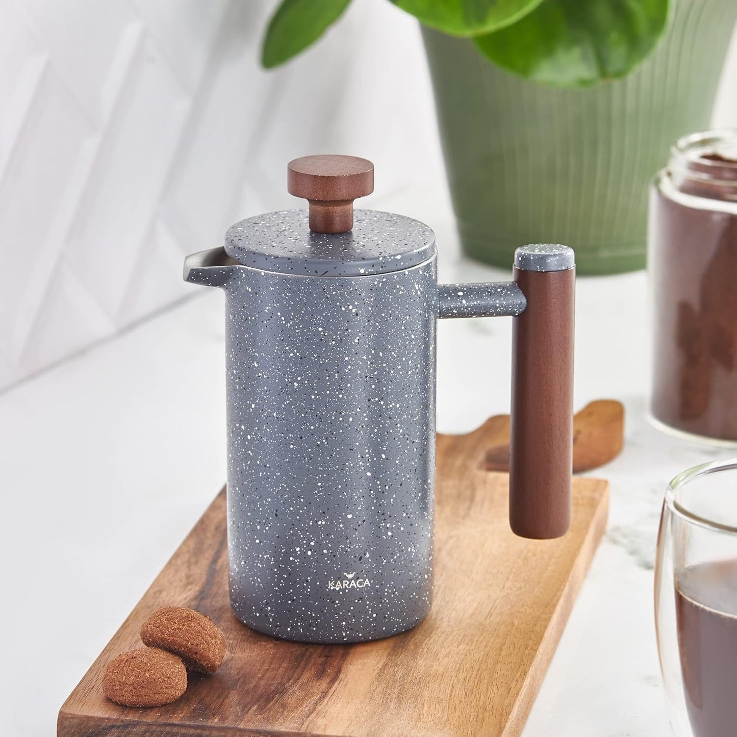 KARACA marmor dobbeltvæg fransk presse med kastanjehåndtag - Isoleret fransk presse til kaffe - Hjemmerejse Camping kaffemaskine - 350 ml - Mørkegrå