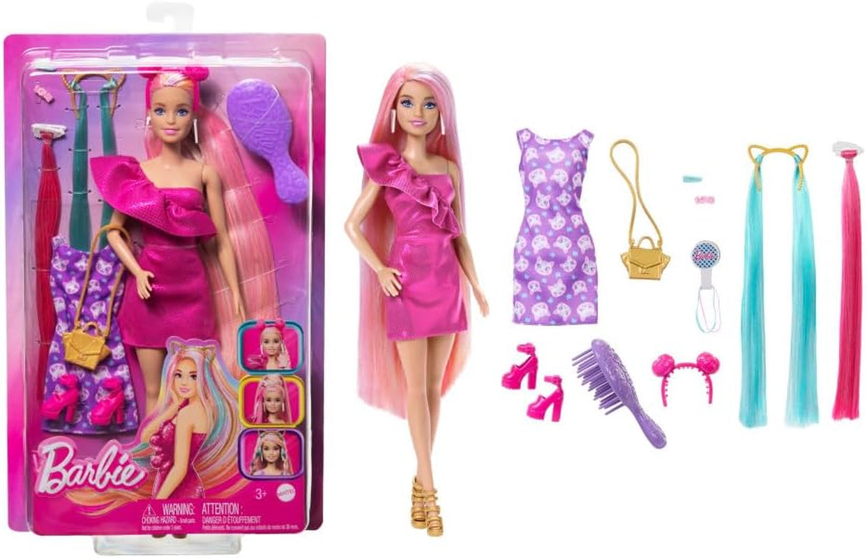 Barbie Totally Hair - Dukke med ekstra langt regnbuehår, der er let at style, og 10 mode- og stylingtilbehør, farveblok prikket kjole, til alderen 3 og opefter, HKT96