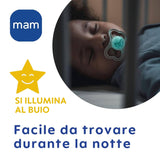MAM Air Natsut 6-16 måneder (2 pakke) MAM sut 6-16 måneder, Glød i mørket til sensitiv hud, Babytilbehør 2 pakke med silikone-sut og sutteholder, neutral/grøn