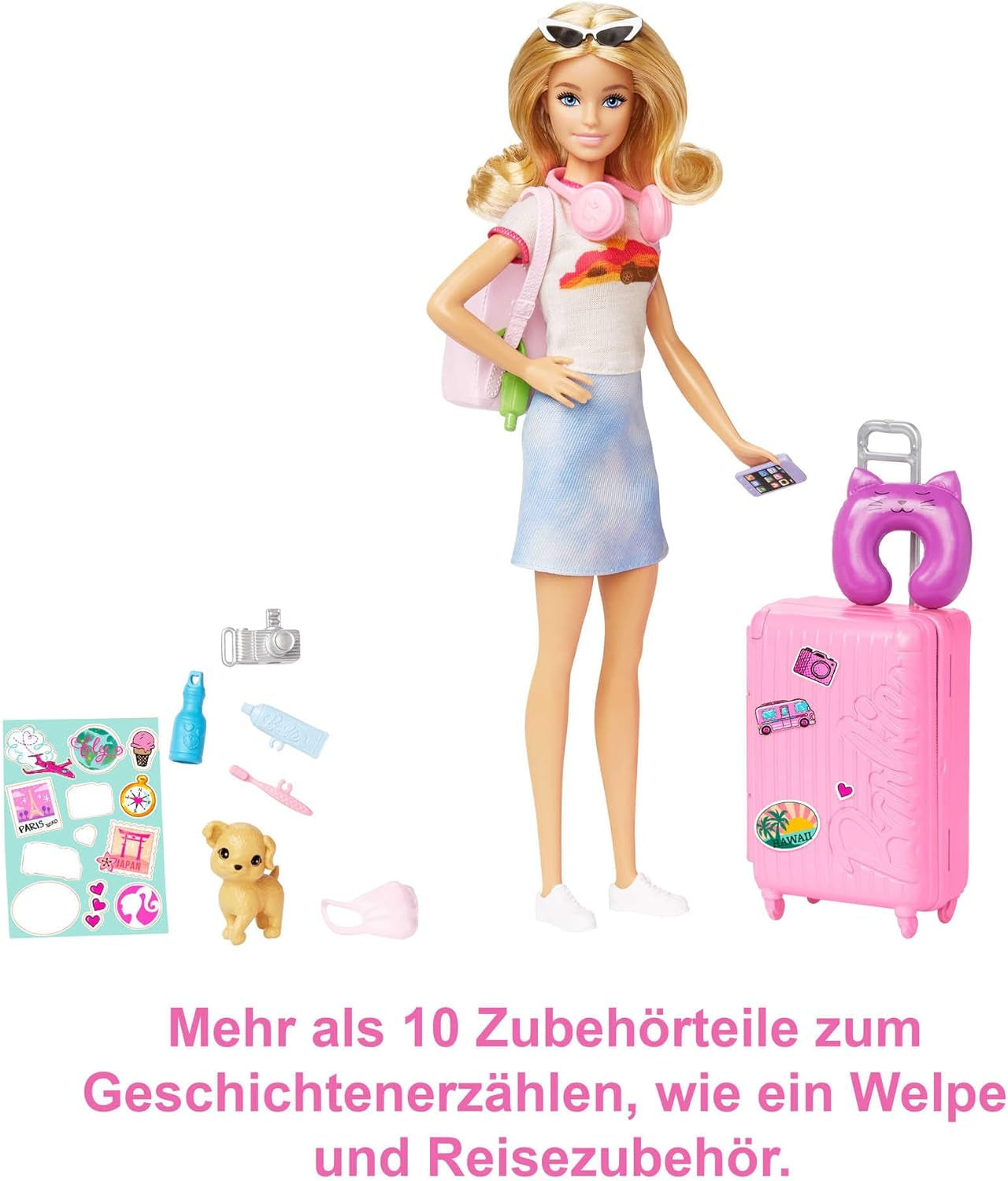 Barbie-dukke, rejse-barbie med blondt hår, 10+ rejsetilbehør, klistermærker, kuffert, hvalp, inkluderer 1 dukke, gave til børn, 3+-legetøj, HJY18
