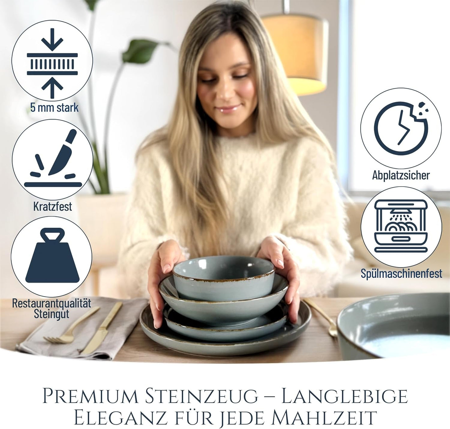 Steingut Geschirrset 6 Personen Rustik 24 tlg. TESTSIEGER, Hochwertiges Landhaussttil Steingut Geschirr Set, Schüssel- und Teller Set, Tafelservice 6 Personen, Geschirrsets Pure Living in Rauchblau