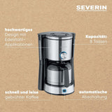 SEVERIN "TypeSwitch" espressomaskine med termokande, AromaSwitch til valg mellem 2 bryggeprofiler, kaffemaskine til op til 10 kopper, 1000W, børstet rustfrit stål-sort, KA 4845