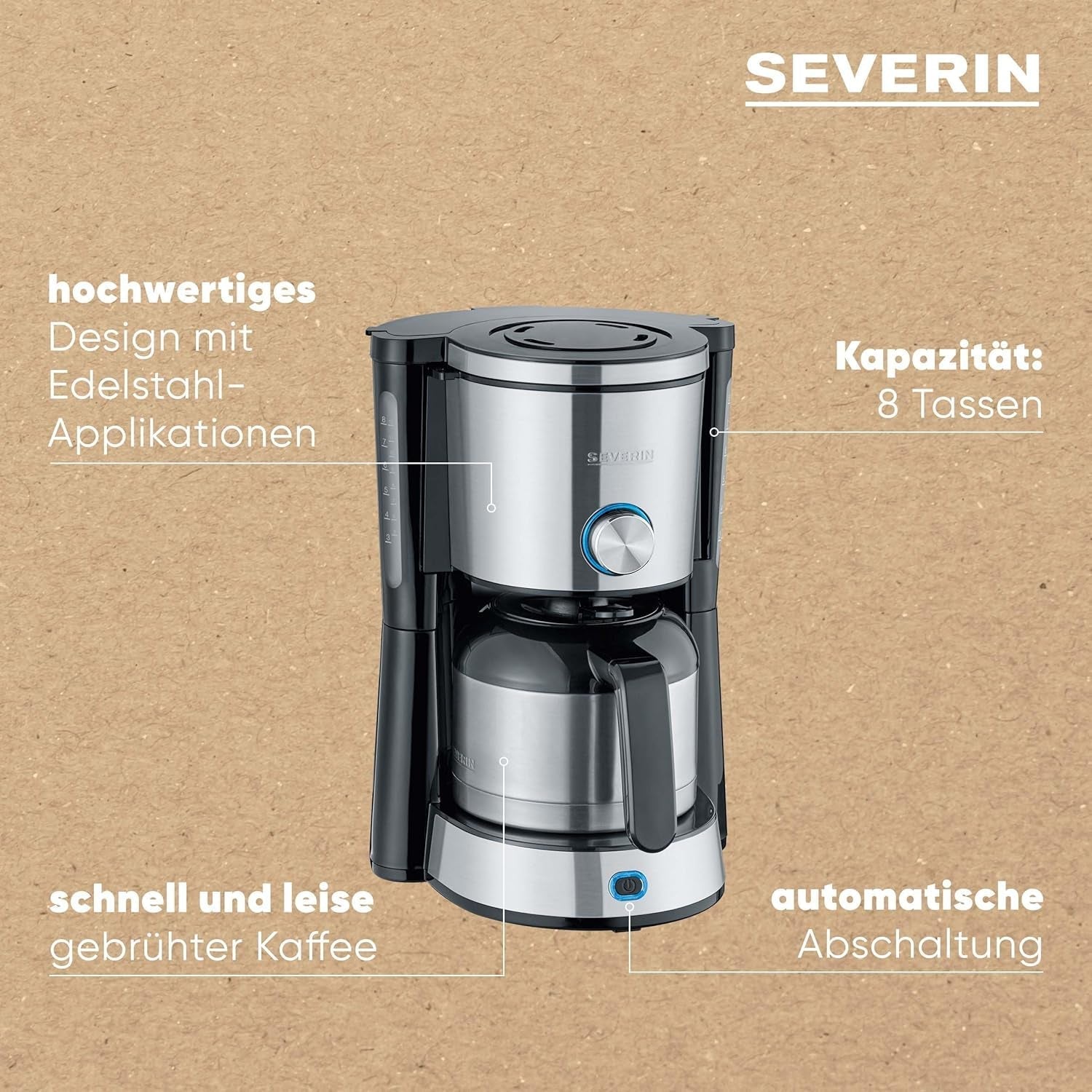 SEVERIN "TypeSwitch" espressomaskine med termokande, AromaSwitch til valg mellem 2 bryggeprofiler, kaffemaskine til op til 10 kopper, 1000W, børstet rustfrit stål-sort, KA 4845