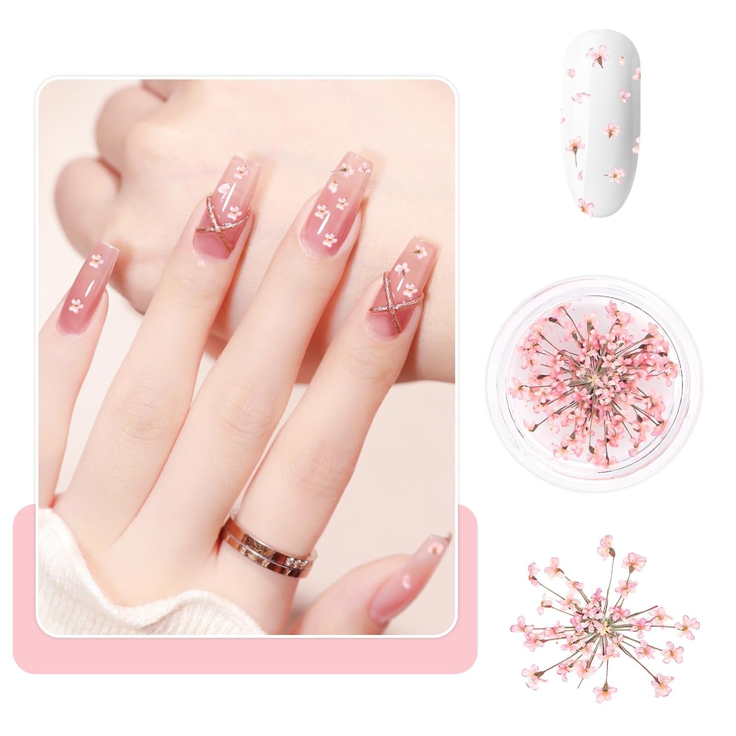 Nail Art Flowers Set Decoration - Gelnägel Zubehör 3 Farben(Orange,Blassrosa,Rose),Nail Art Aufkleber Trockene Blumen Kit Getrocknete Blumen Zubehör Sæt DIY Nageldekoration