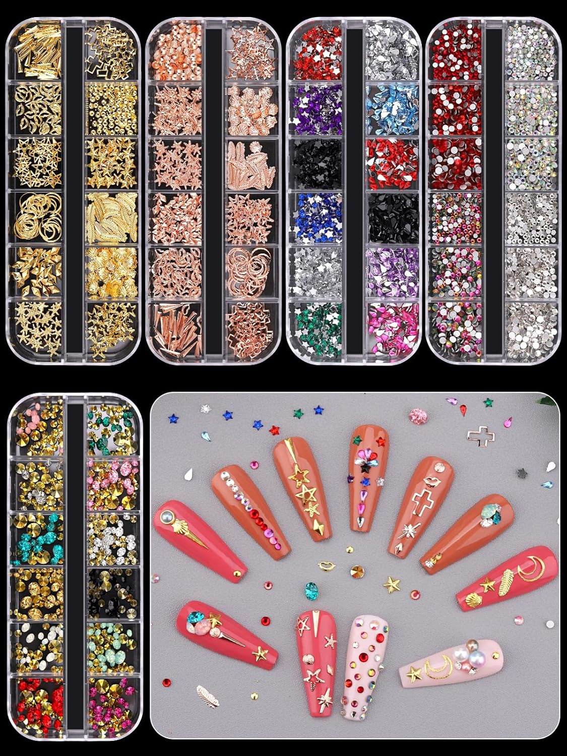 EBANKU Nail Art Strass Kit Multi Design Zubehör Mit 1 Pinzetten 1 Stück Wachsstifte Deko Diamanten Kristalle Perlen Edelsteine ​​Bunt Pferdeaugen Strass Metal Nieten Für Nagel DIY (1 Stück (10Er Pack))