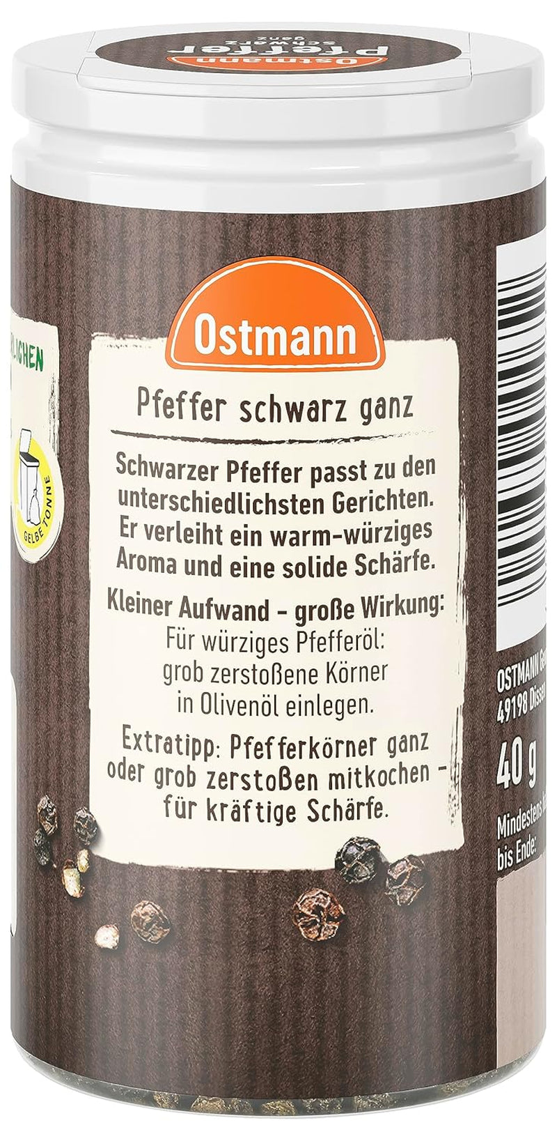 Ostmann Gewürze - Pfeffer schwarz ganz | 40 g i Der Streudose
