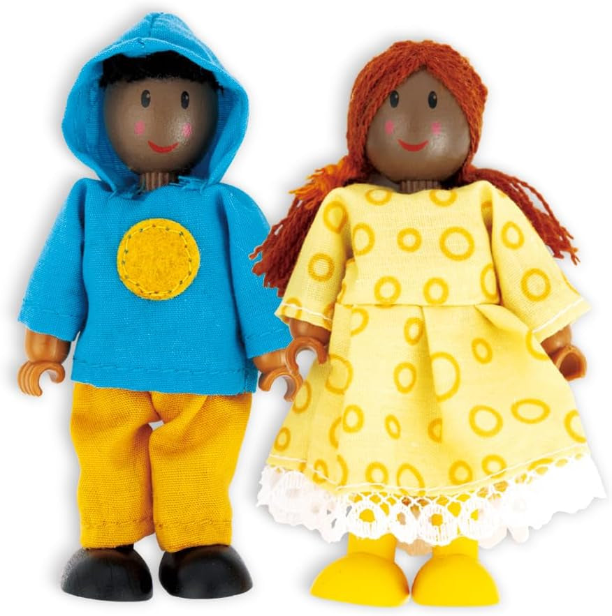 Hape dukkefamilie - 6-delt mørkt læder dukkehustilbehør sæt med figurer af træ og stof, foregive leg, pædagogisk legetøj, interaktivt lærelegetøj til børn fra 3 år og opefter