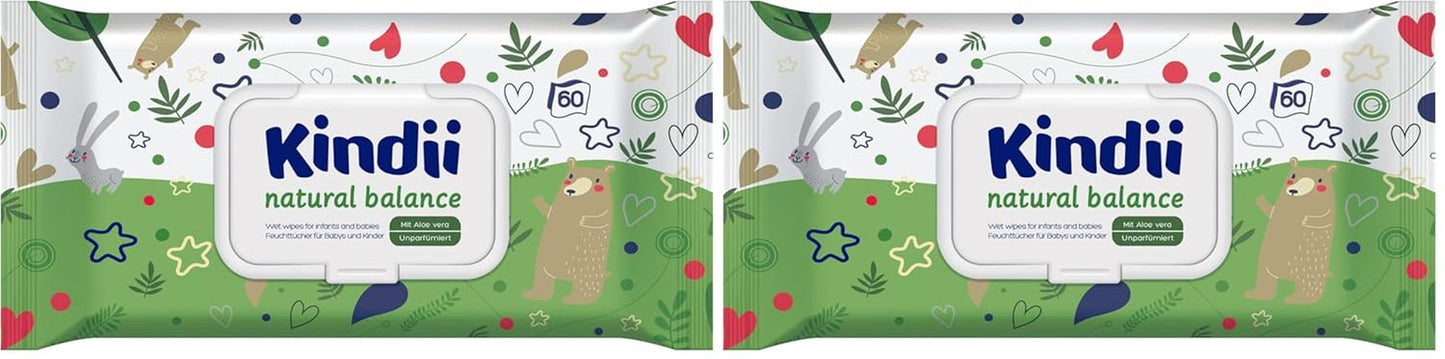 Kindii Natural Balance vådservietter til babyer – (1 x 60 stk.) Vådservietter til babyer og børn – Beskyttende, Aloe Vera, Delikat duft – 60 stk.