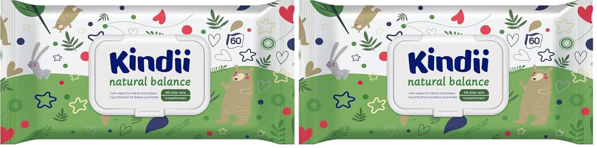 Kindii Natural Balance vådservietter til babyer – (1 x 60 stk.) Vådservietter til babyer og børn – Beskyttende, Aloe Vera, Delikat duft – 60 stk.