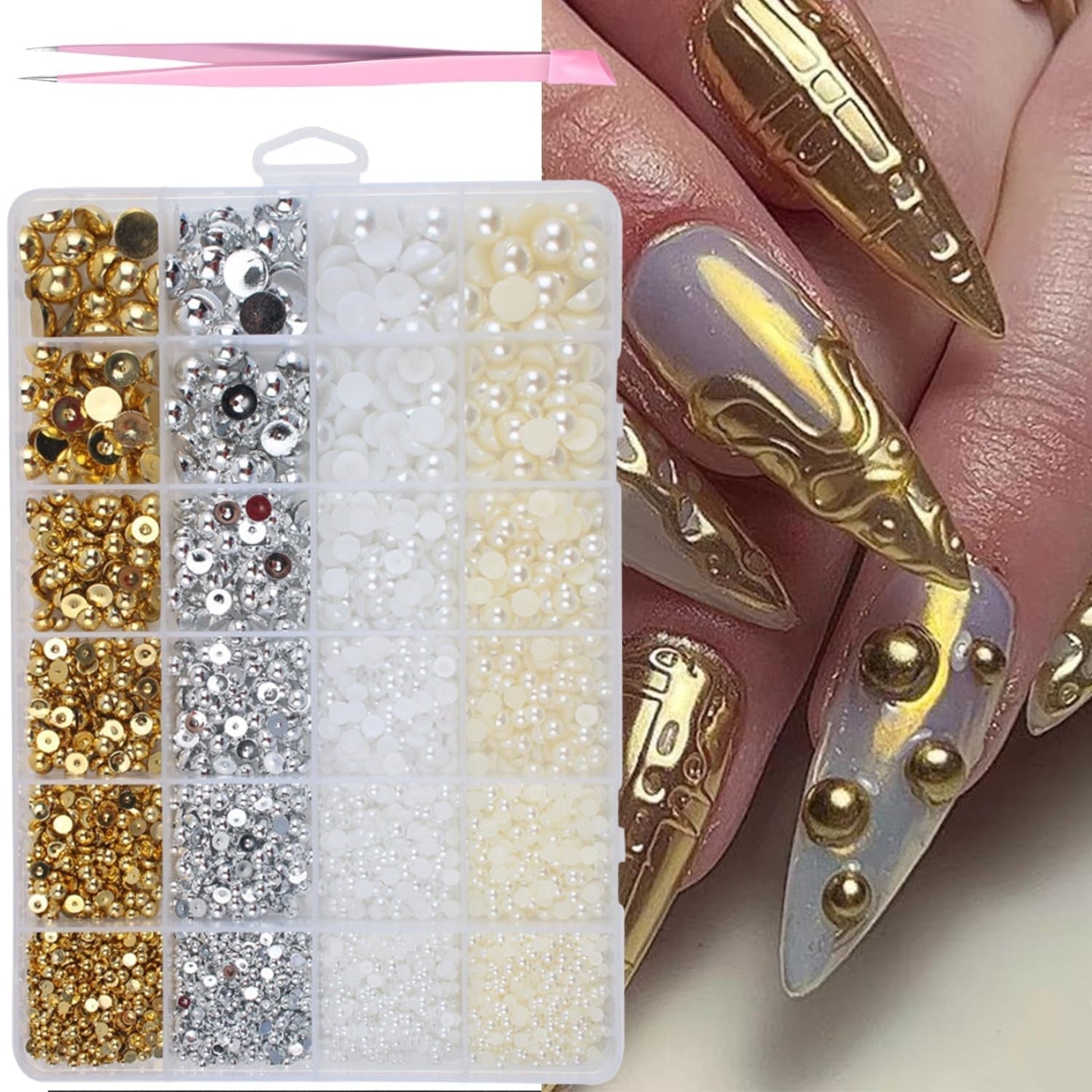 GZMAYUEN 920 stk Guld Sølv Flatback Perlen Für Nägel, Halbrunde Weiße Beige Nail Perlen, Kleine Halbrunde Flatback Perlen Für DIY Nail Art Decor