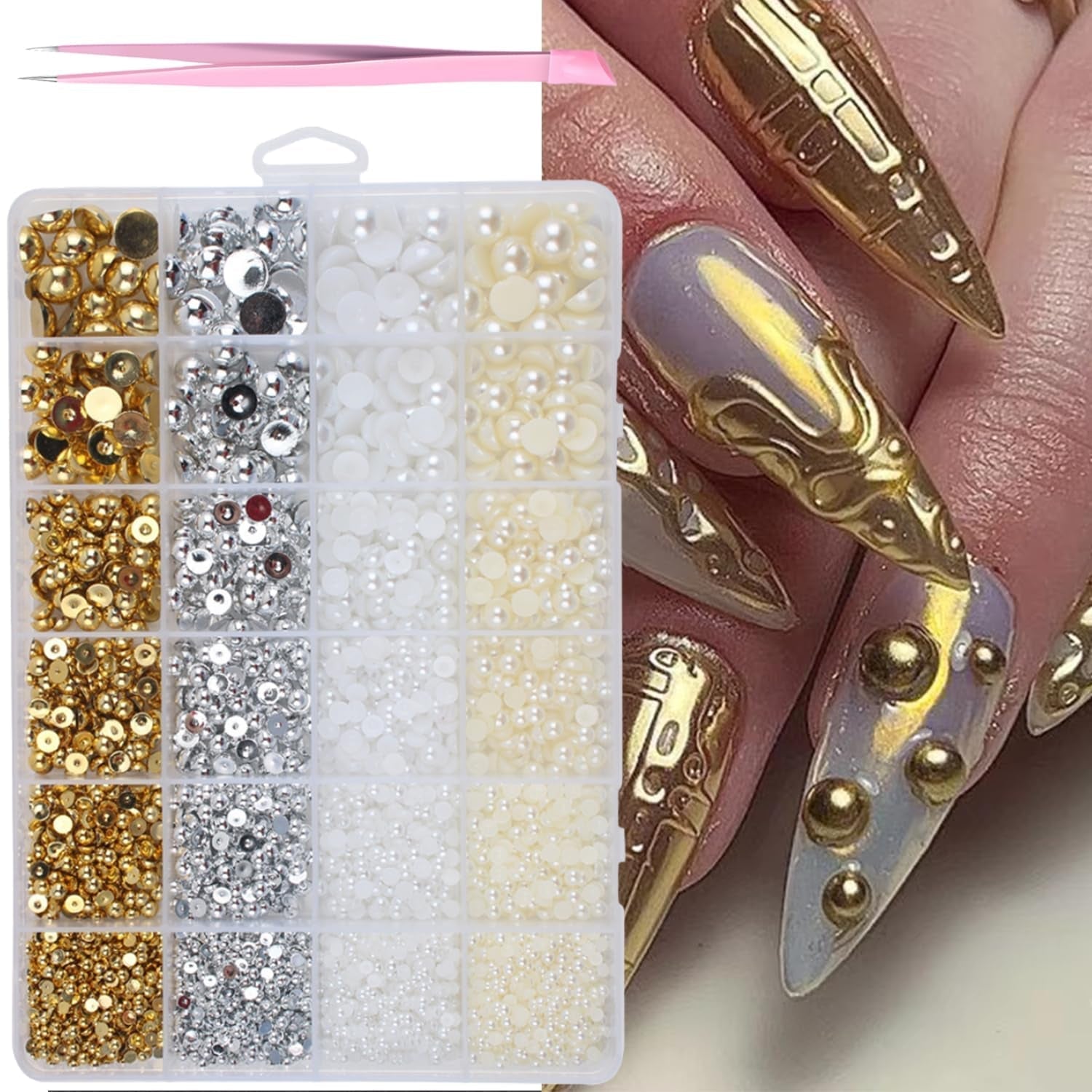 GZMAYUEN 920 stk Guld Sølv Flatback Perlen Für Nägel, Halbrunde Weiße Beige Nail Perlen, Kleine Halbrunde Flatback Perlen Für DIY Nail Art Decor