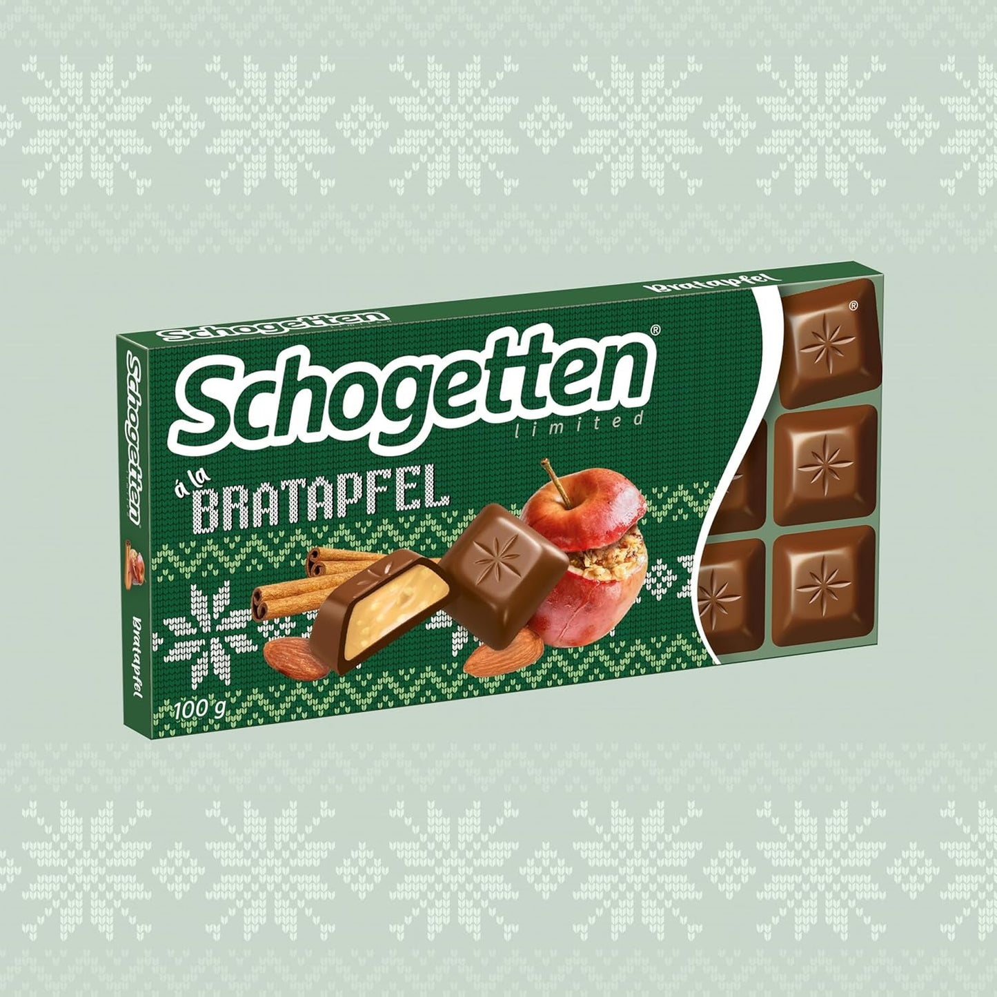 Schogetten Vinterudgave med modne æbler I Chokoladebar 100g I med mælkechokolade og i praktiske individuelle stykker