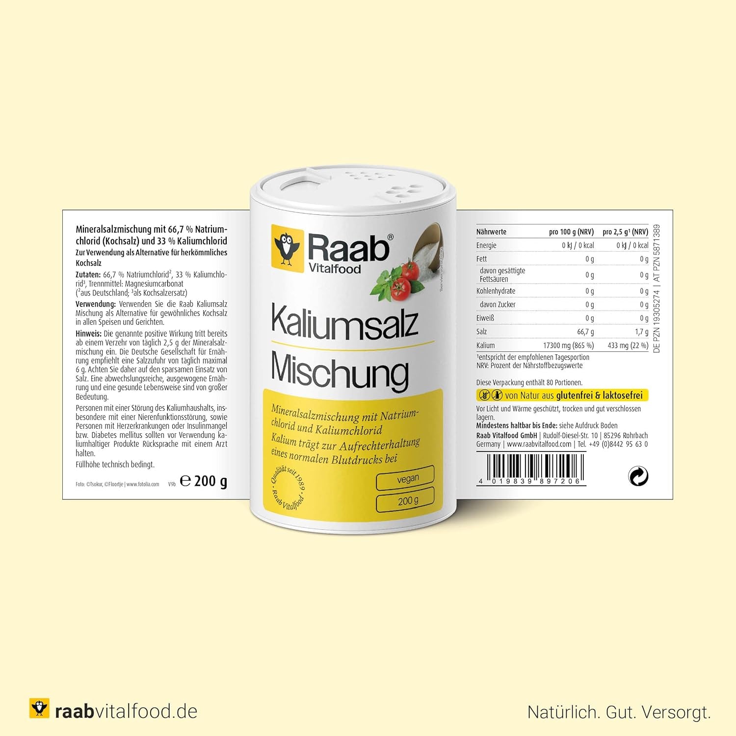 Raab Vitalfood Kalium salt-Mischung, Mineralsalzmischung med 66,7% Natriumchlorid (Kochsalz) og 33% Kaliumchlorid, Kalium trægt zur Aufrechterhaltung eines normalen Blutdruck bei (1 x 200 g dosis)