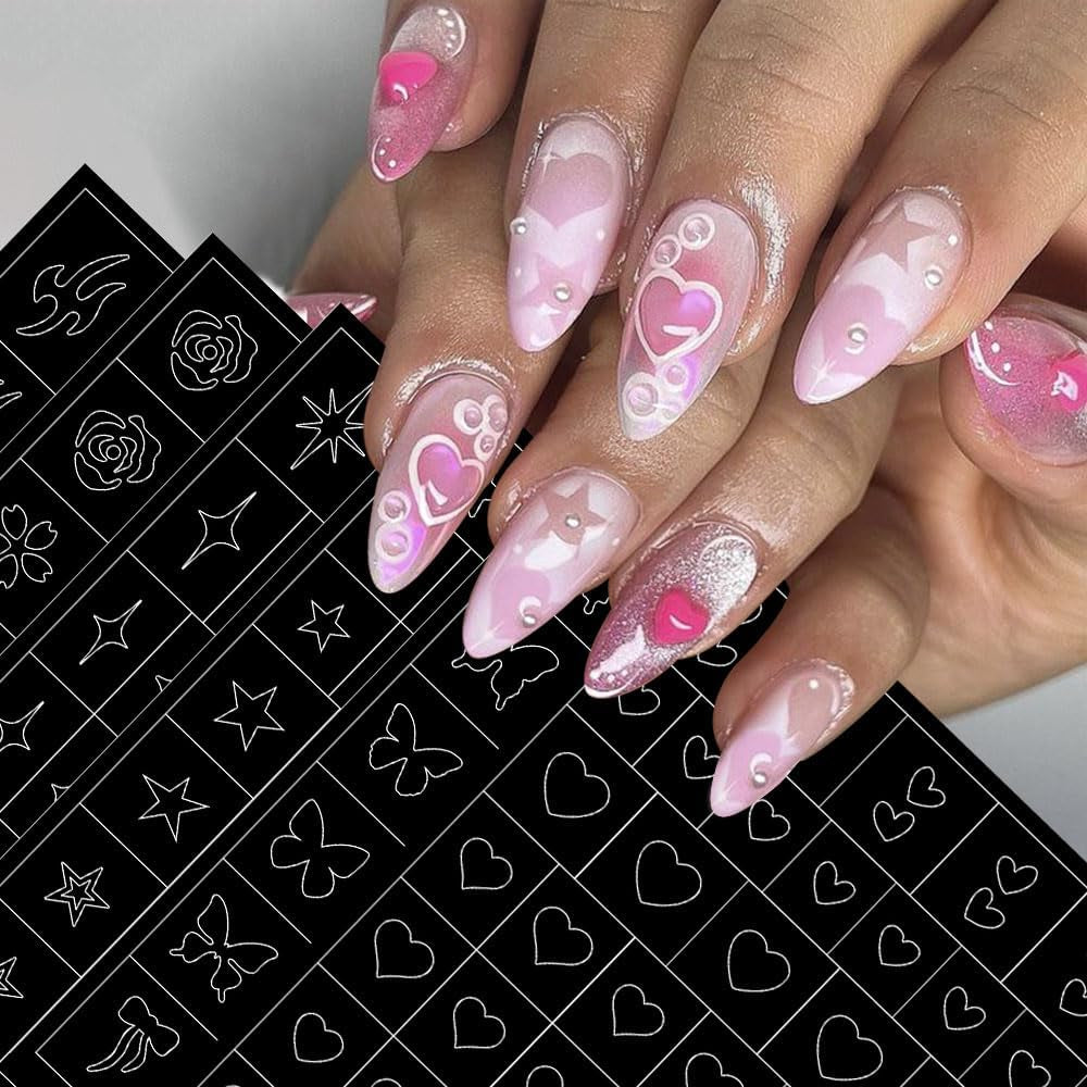 6 ark Airbrush-skabelon Nail Stickers, Butterfly Flame Stars Heart Stars Nail Stickers Printing Stencil Tool Nail Art Selvklæbende Stickers til Kvinder Nail Art Design Stickers