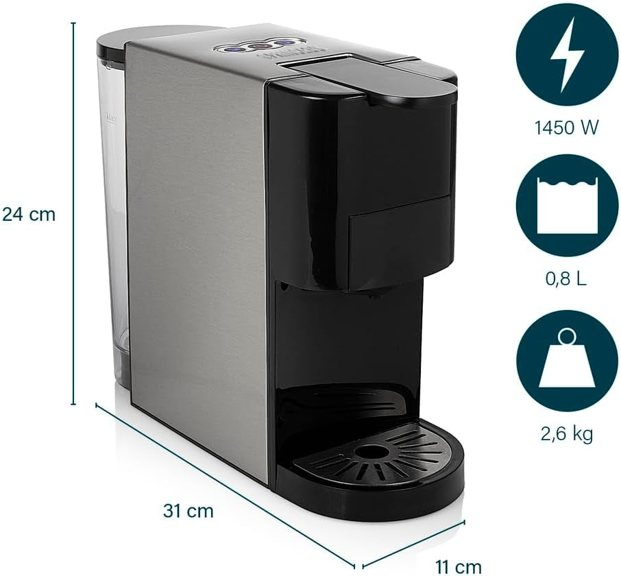 Princess 4 i 1 multikapsel espressomaskine - 1450 watt, kapsler, bælg, malet kaffe, BPA fri, 249450, 01.249450.01.001, sort, sølv