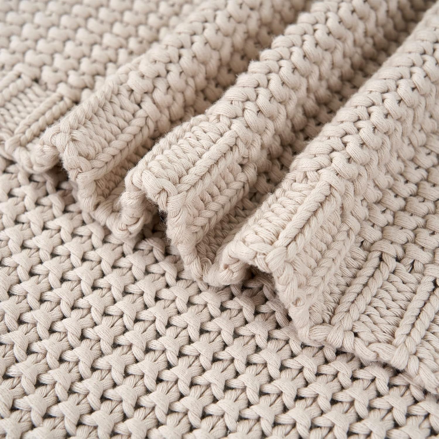 Chunky strik tæppe, Letvægts, Beige, 100% økologisk bomuld, Tæppe til sofa, sofa, seng, barn, børneværelse, Rustik, Shabby chic, Moderne bondehus, 152,4 X 203,2 cm, Inklusiv vaskepose Senge og tæpper Longhui sengetøj