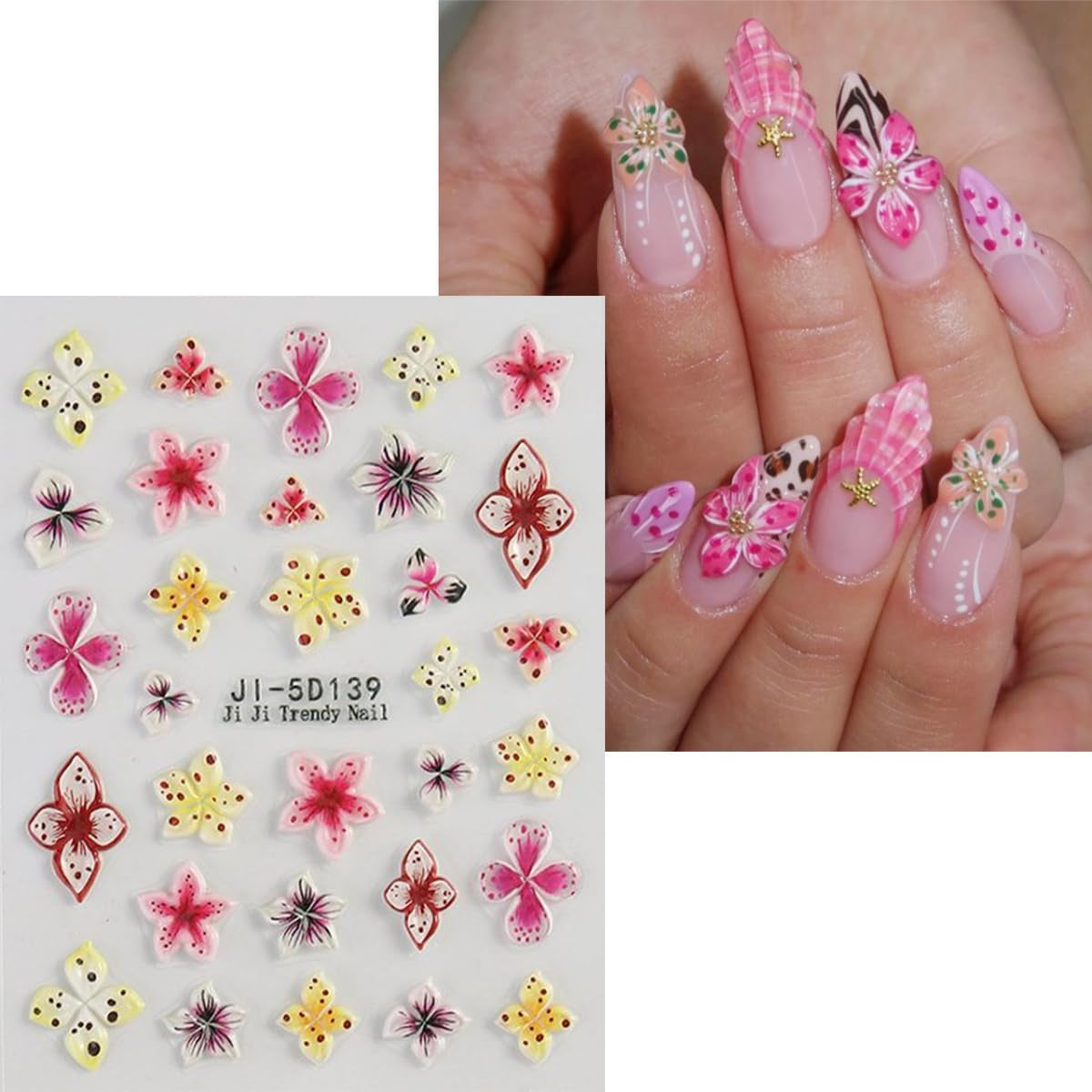 JMEOWIO 3D Nagelsticker Farverig Flower Nail Art Sticker Selbstklebend Nagelaufkleber 5D Stereoskopisk Forår Sommer Blomsterdekoration Nageldesign Tilbehør 4 Blatt