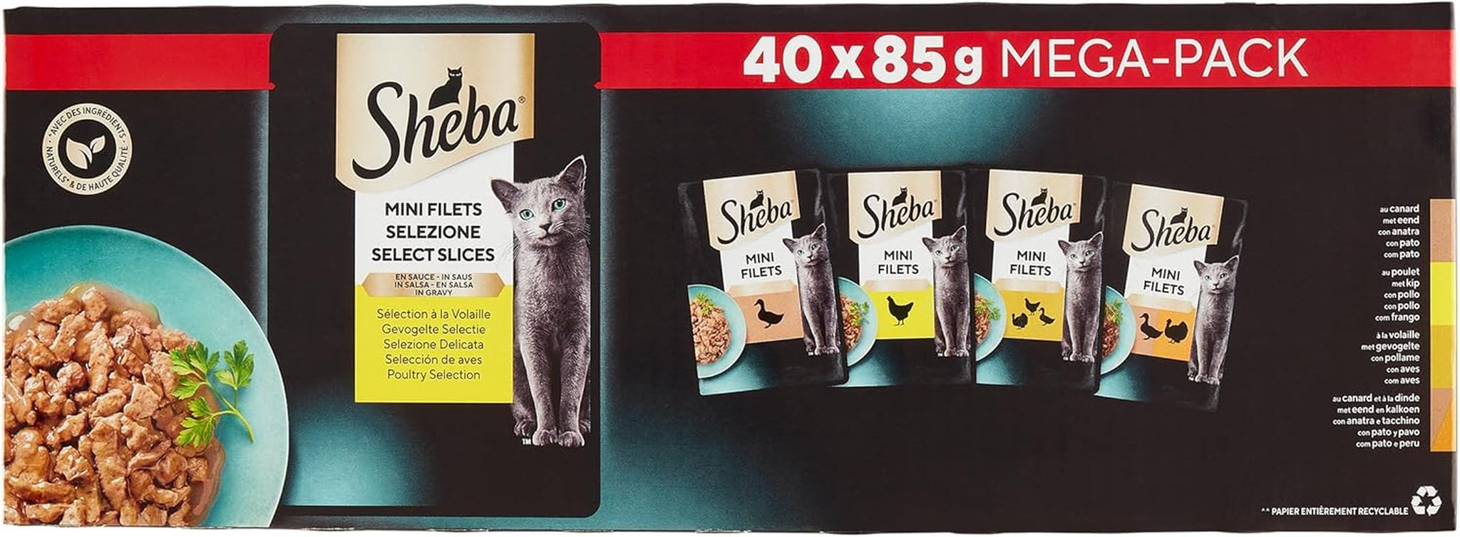 Sheba minifileter - friske fileter i sauce, udvalg af fjerkræ til voksne katte - 40 x 85 g