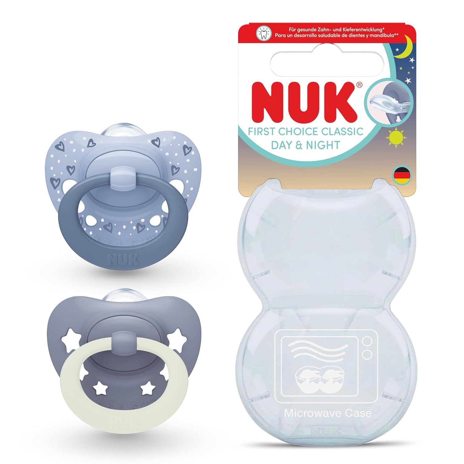 NUK First Choice klassiske dag- og natsutter til babyer | 6-18 måneder | Ortodontiske sutter der lyser i mørke | 95 % accept af babyer** | Blå | Pakke med 2