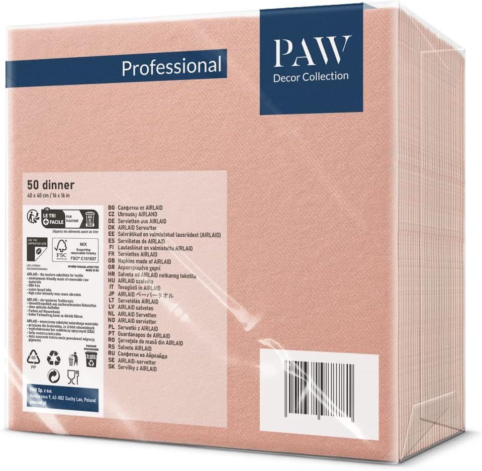 PAW - Airlaid servietter (40 X 40 Cm) I 50 styk I Unicolor I Stoflignende I Elegant borddekoration I Horeca I Til vigtige lejligheder såsom bryllupper, fester, jul I Unicolor: Pink