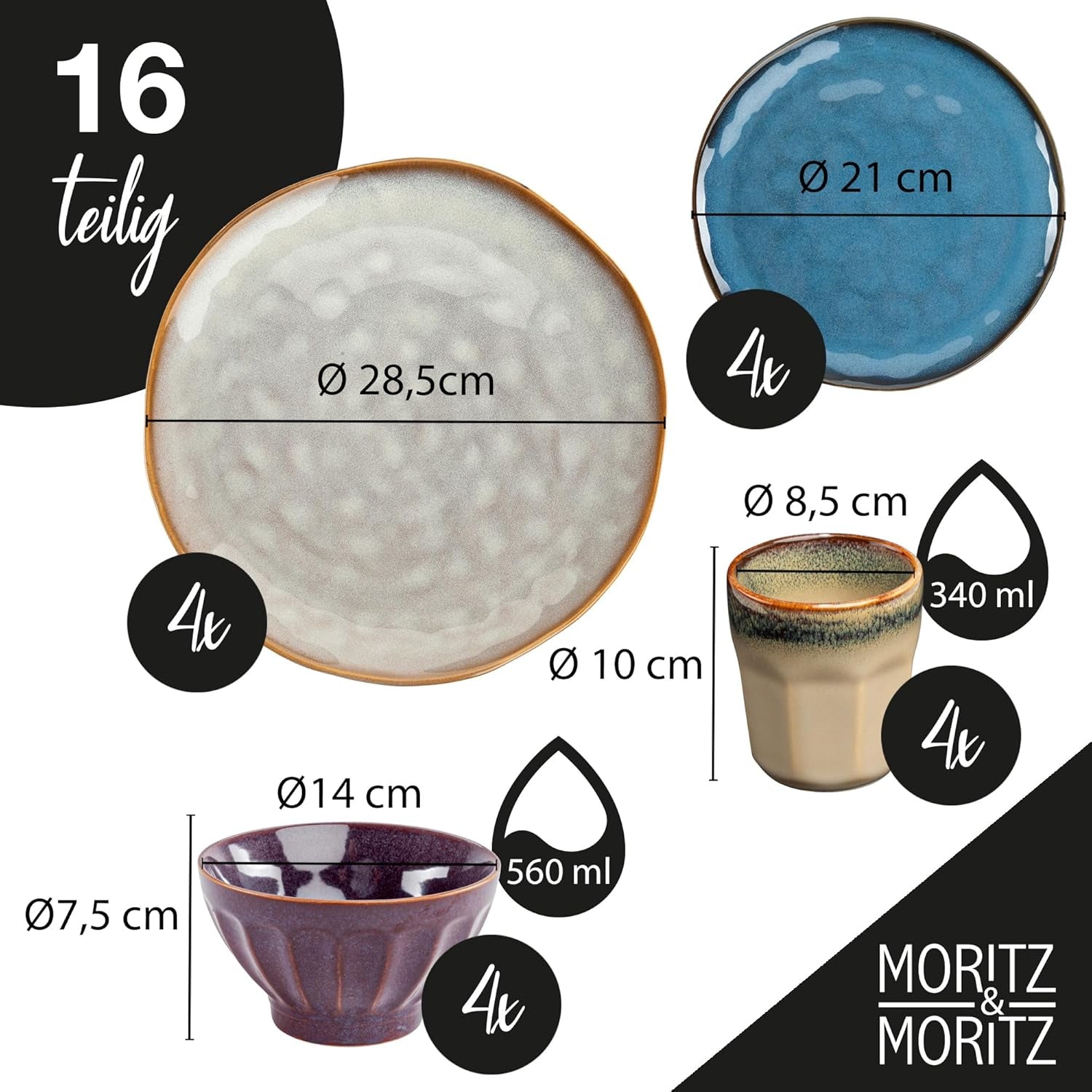 Moritz & Moritz COPA 16-tlg Geschirrset 4 Personen - Elegantes Teller Set fra hohrstandigem Steinzeug - Geschirr Set 4 Personen fra je 4x Dinnerteller, Dessertteller, Müslischale & Kaffeebecher