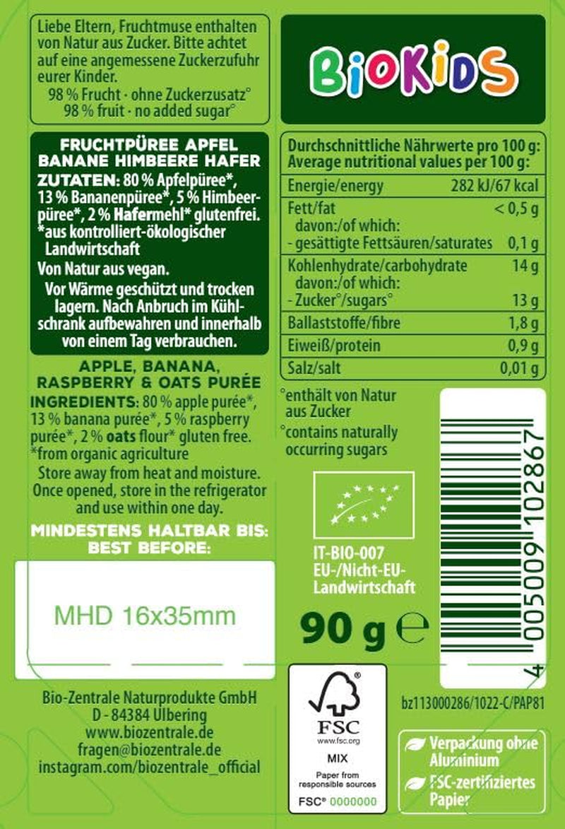 biocentral BioKids Frugtpuré Æble Banan Hindbær Havre | 12 x 90g | Frugtrig snack uden tilsat sukker | Vegansk