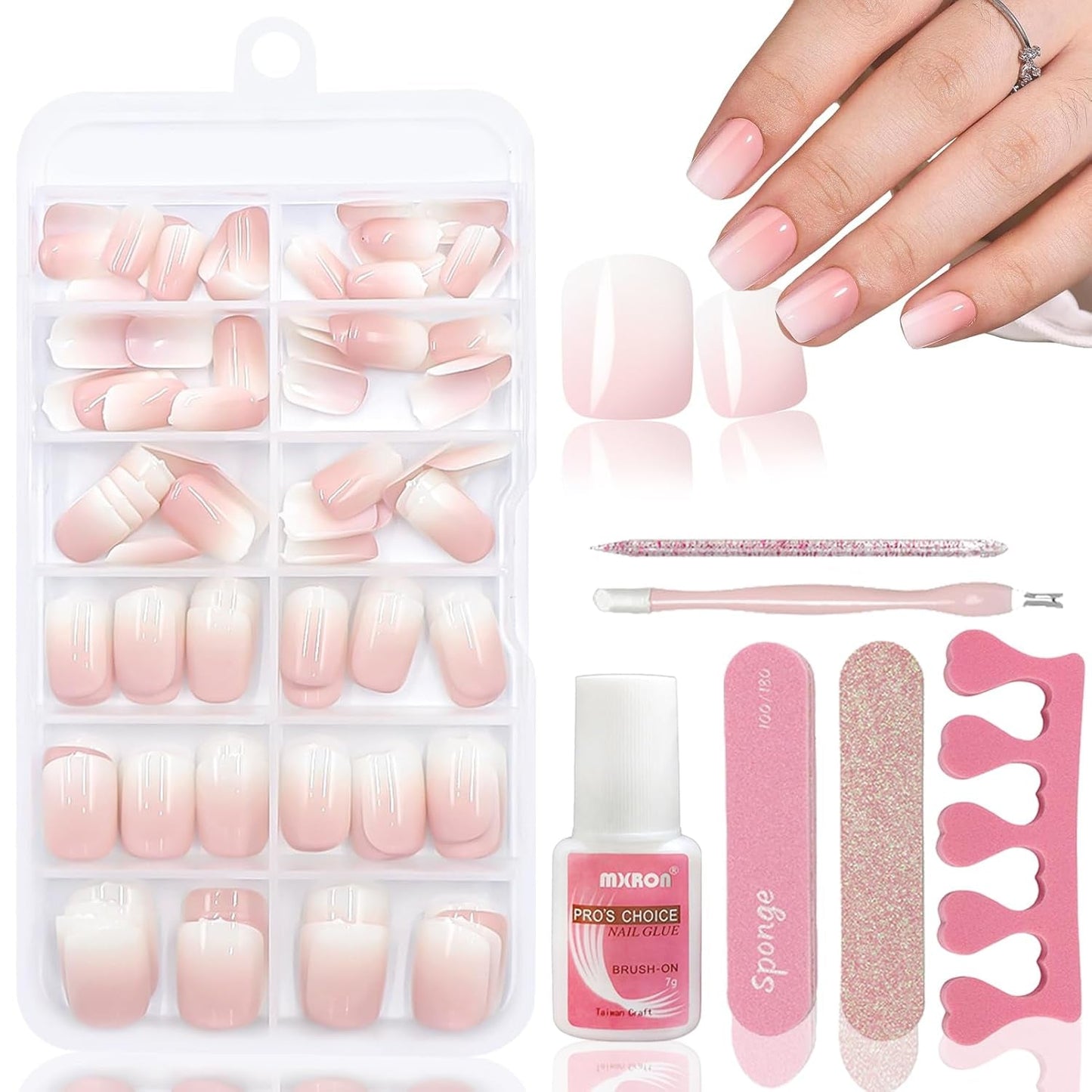 120 stk Nøgne lyserøde falske negle med neglelim - 12 størrelser Kort oval firkantet tryk på negle - smukke negle, lim på kunstige negle - velegnet til kvinders DIY negledesign (Squaval Pink Gradient)