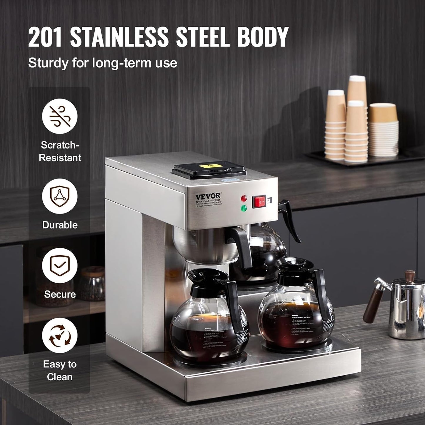 VEVOR kommerciel espressomaskine med 12 kopper filter med 3 glaskander og 3 varmeplader Espressomaskine i rustfrit stål med automatisk vandforsyning til restaurantkontorkaffe