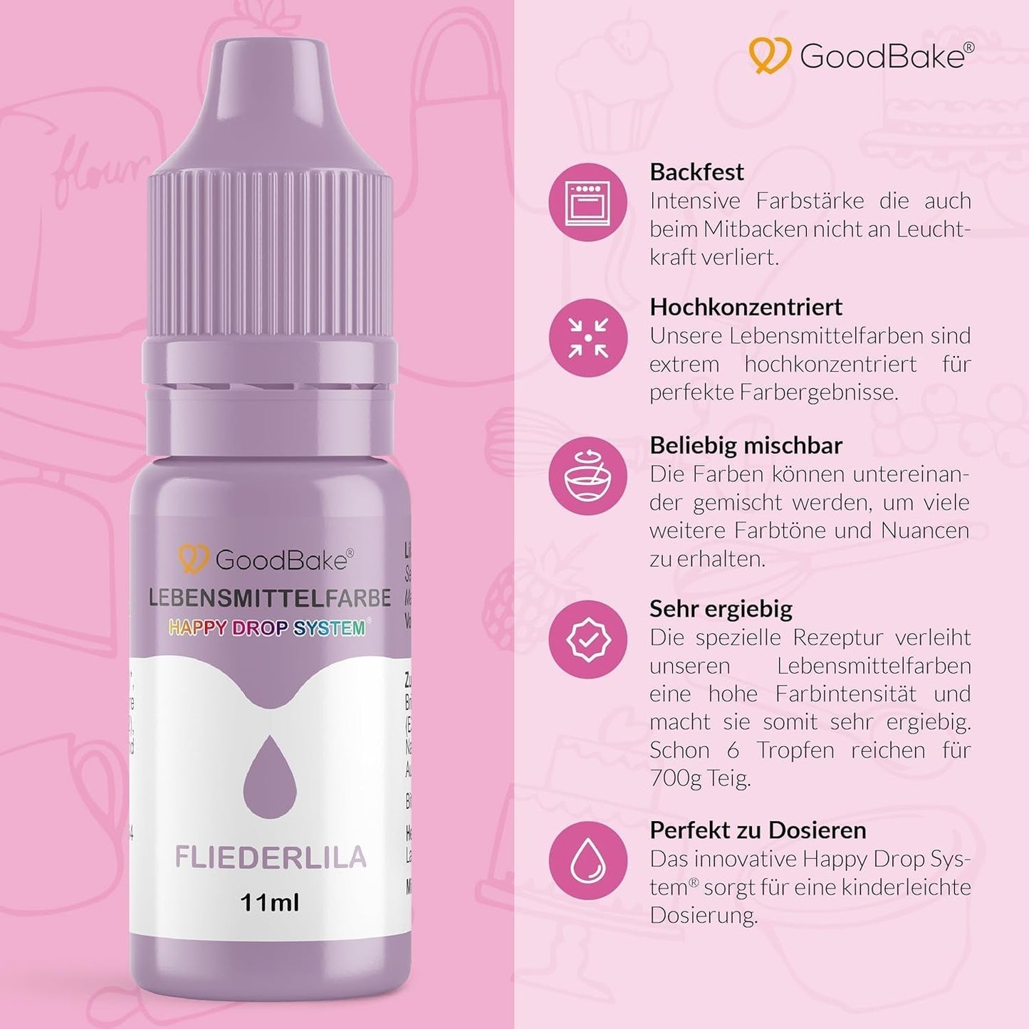 Goodbake Pastel Lilac Food Color (11 ml) - High Dose Food Color - Til farvning af kager, fondant, smørcreme, macarons, drinks, slim og mange andre ting. 100% vegansk