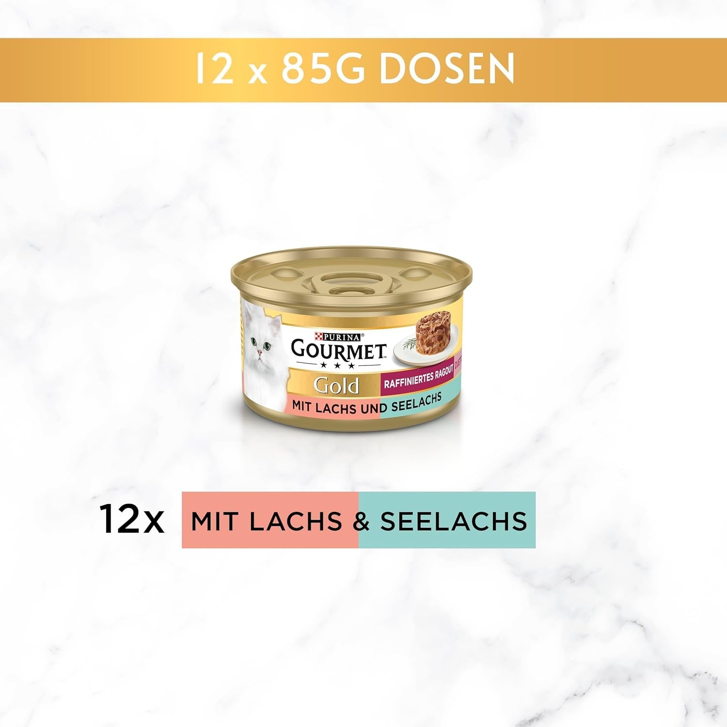 Gourmet guld raffineret Ragout Duetto laks og gul torsk våd kattefoder 12-pak (12 x 85 g)