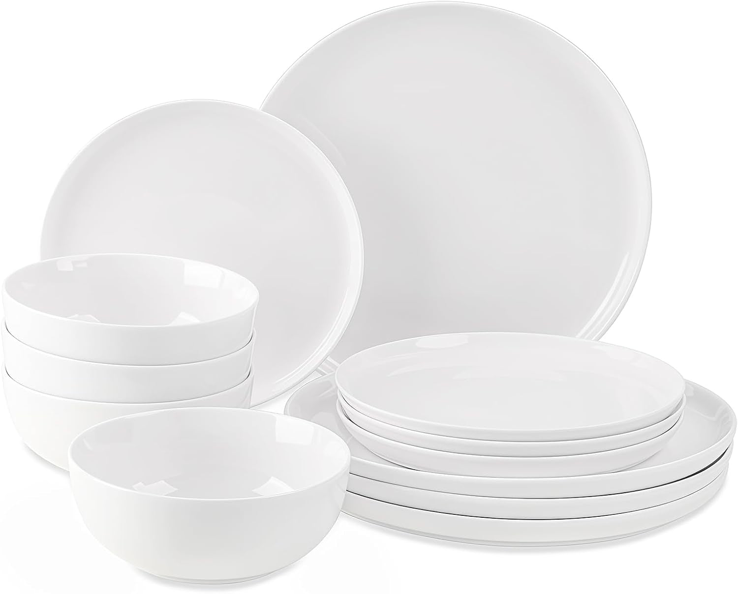 12-delt servisesæt, porcelænsstel til 4, hvidt stel med tallerkener, desserttallerkener og kornskåle