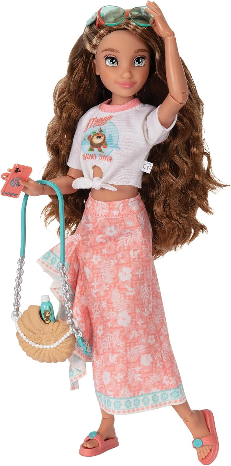 Vaiana dukke med tilbehør, 29 cm, 13 artikulationspunkter, officielt licenseret af Jakks Pacific. Komplet med kombinerbart tilbehør og en funklende Mickey ring!