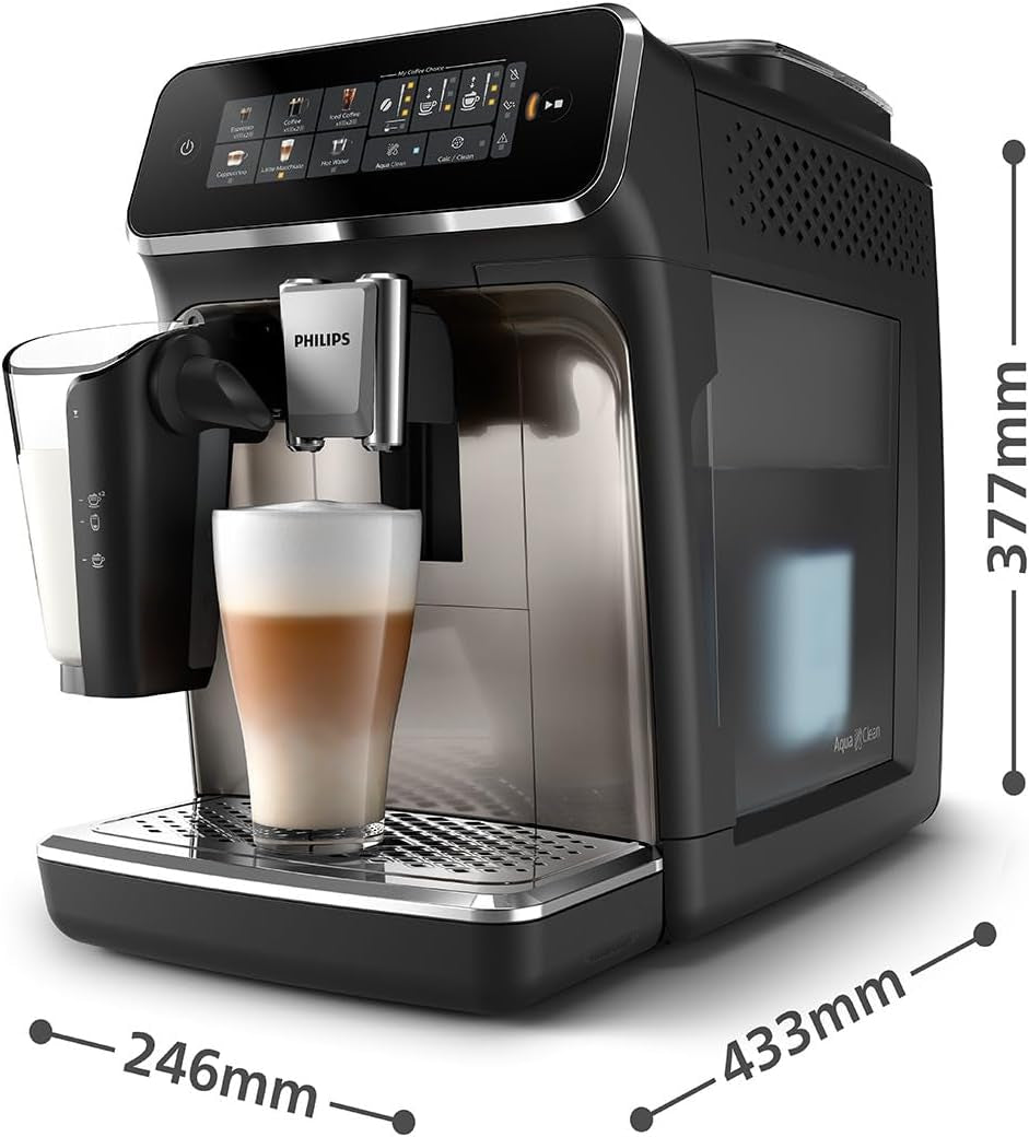 PHILIPS automatisk espressomaskine 3300-serien - 6 drinks, moderne farvetouchskærm, LatteGo mælketilberedningssystem, SilentBrew, 100% keramisk kværn, AquaClean-filter. Sort krom (EP3347/90)