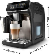 PHILIPS automatisk espressomaskine 3300-serien - 6 drinks, moderne farvetouchskærm, LatteGo mælketilberedningssystem, SilentBrew, 100% keramisk kværn, AquaClean-filter. Sort krom (EP3347/90)