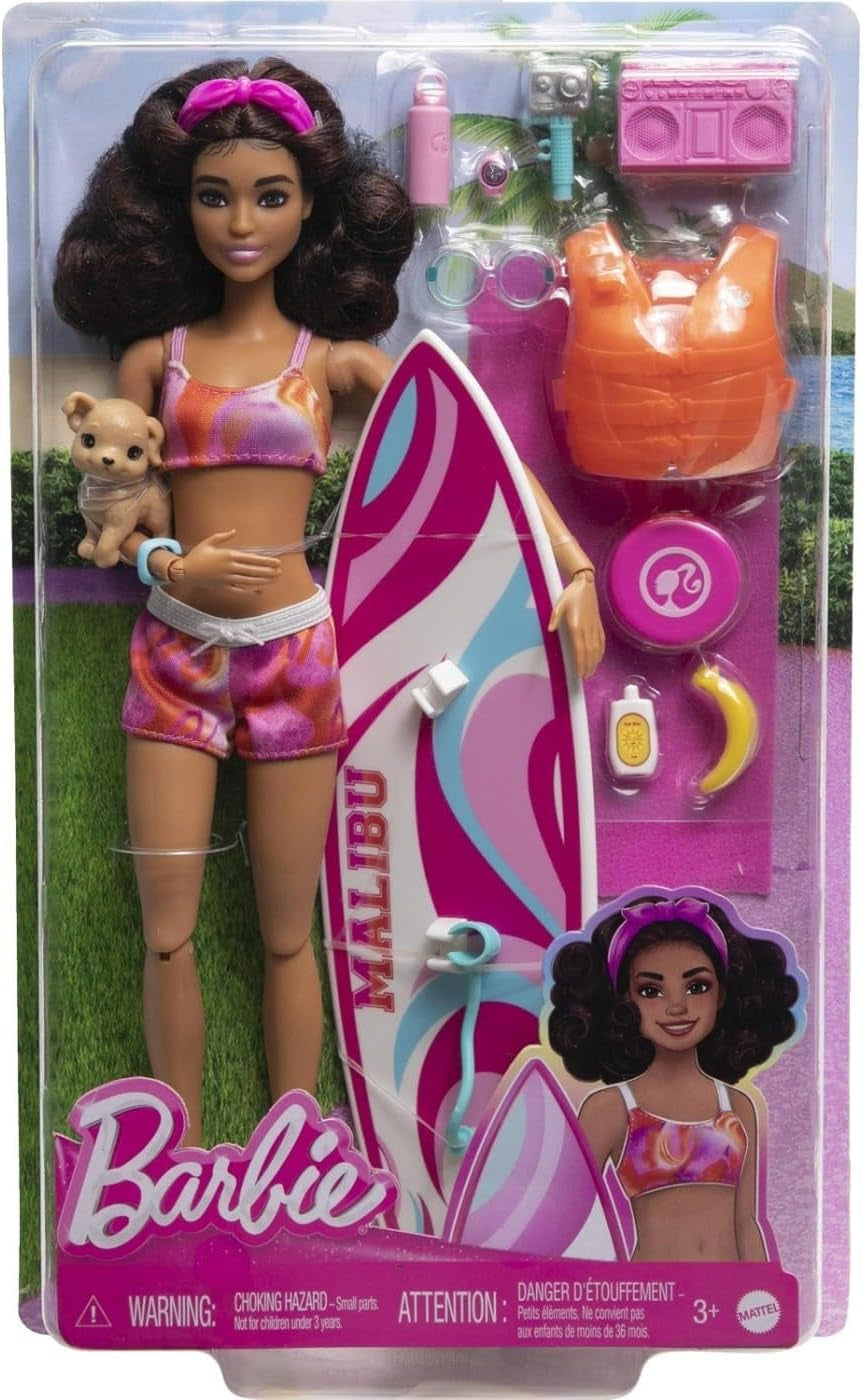 Barbie surferdukke med surfbræt og håndtag, håndklæde og radio til strandeventyr og historier, klips og ankelrem til realistisk surfing, 3+ år HPL69 Naty Shop Moderne dukker