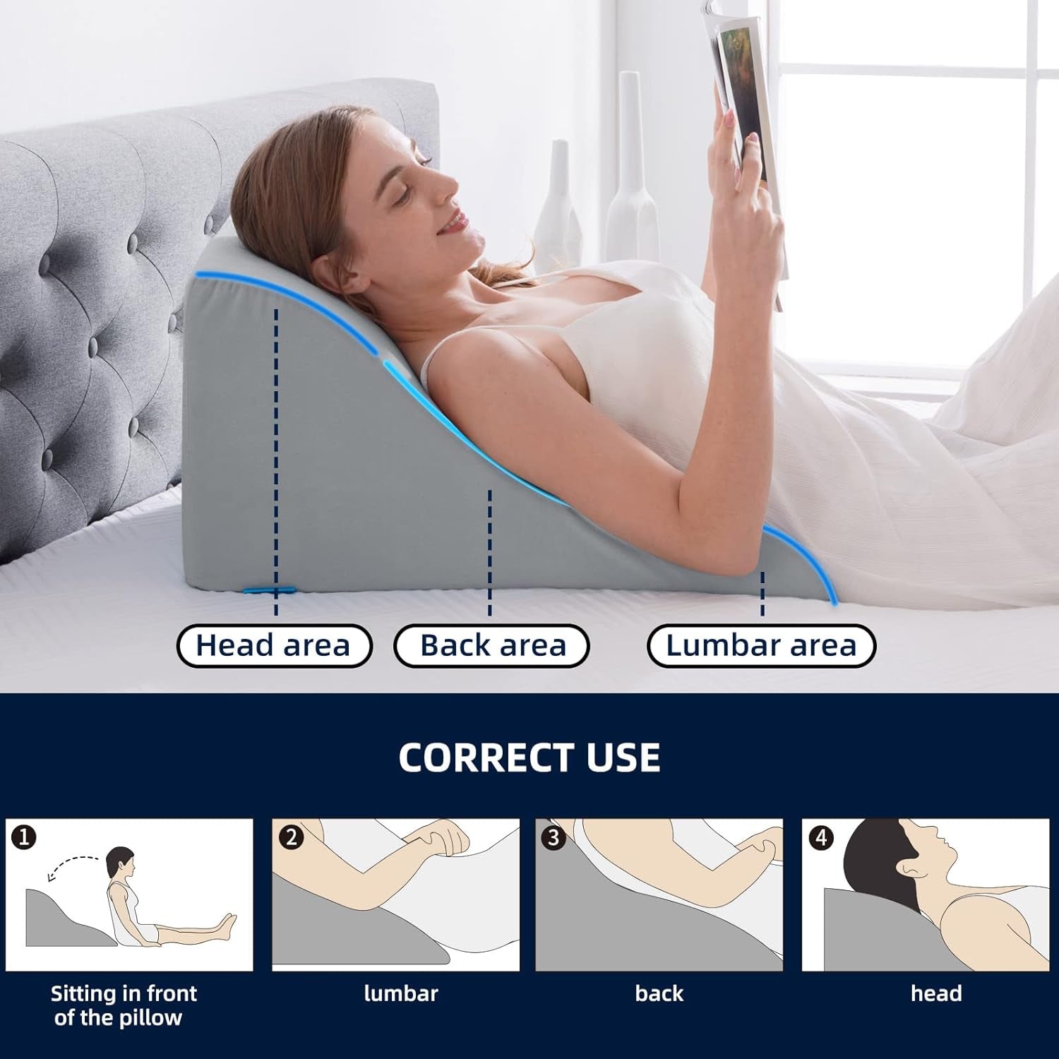 Læsepude til seng og sofa - Memory Foam fjerpude - Ergonomisk rygpude - Perfekt til at støtte din ryg, mens du slapper af, leger, læser eller ser tv - Bred