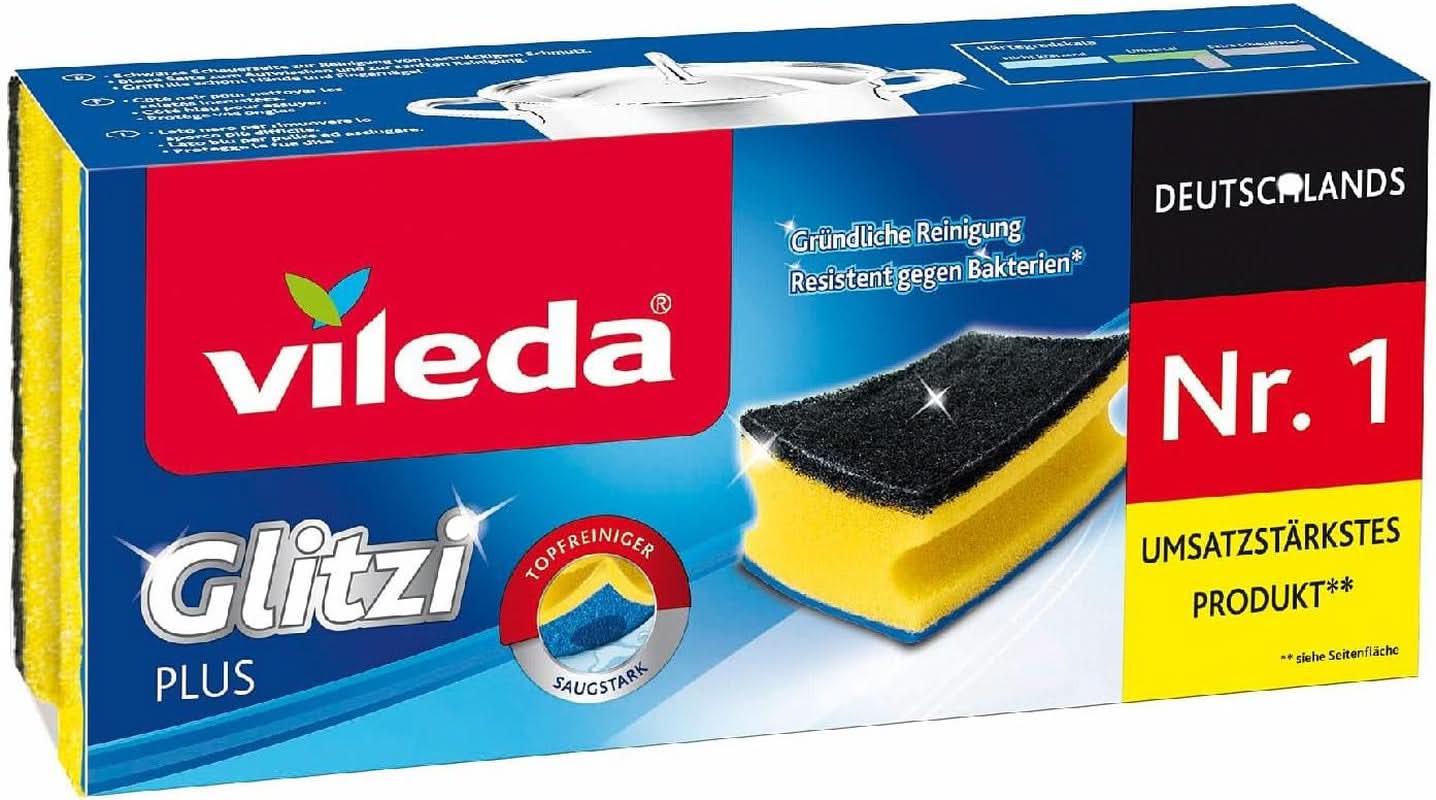 Vileda Glitzi, opvaskesvamp til køkkenet, med antibakteriel effekt, højabsorberende, pakke med 18 Naty Shop Køkkenvaskemidler