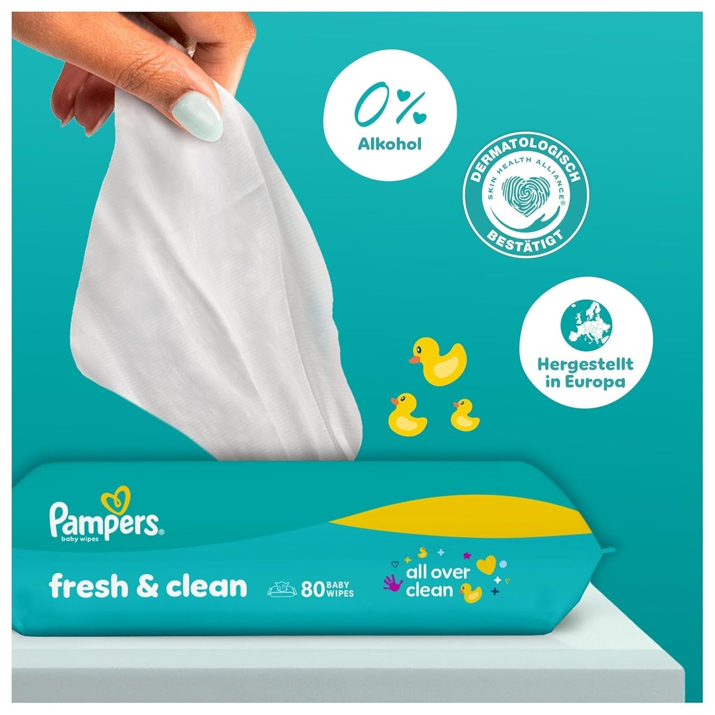 Pampers Fresh Clean vådservietter, 15 pakker med 80 servietter, 1200 servietter i alt, let duft, også velegnet til hænder og ansigt