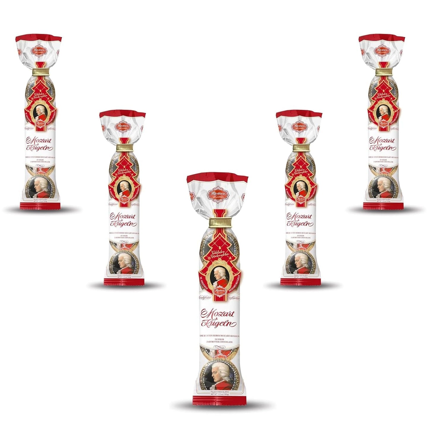 Reber Mozart kugler - 5 poser af 5 slik i juleudgaven - Autentiske Reber Mozart kugler, lavet af mørk chokolade, marcipan og nougat