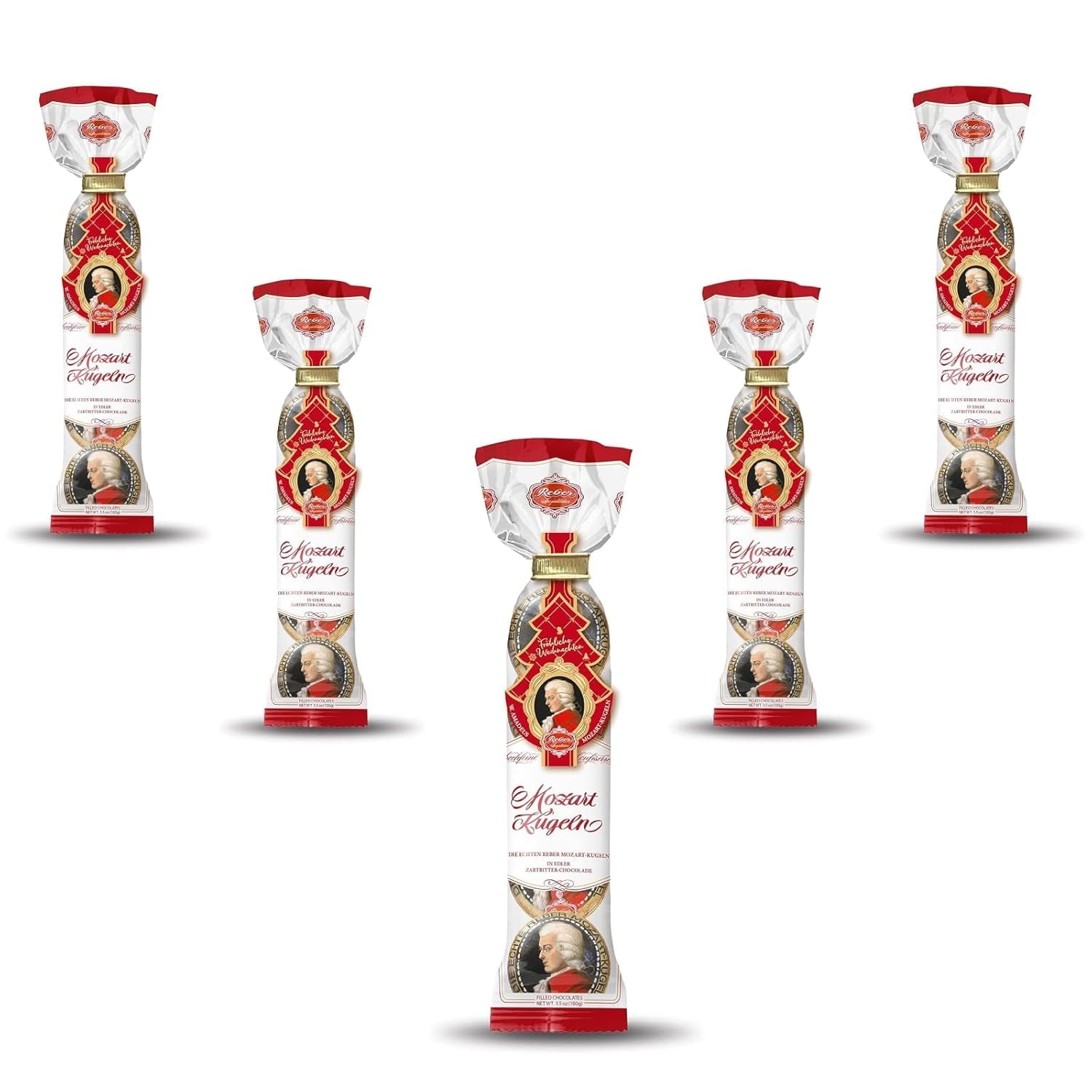 Reber Mozart kugler - 5 poser af 5 slik i juleudgaven - Autentiske Reber Mozart kugler, lavet af mørk chokolade, marcipan og nougat
