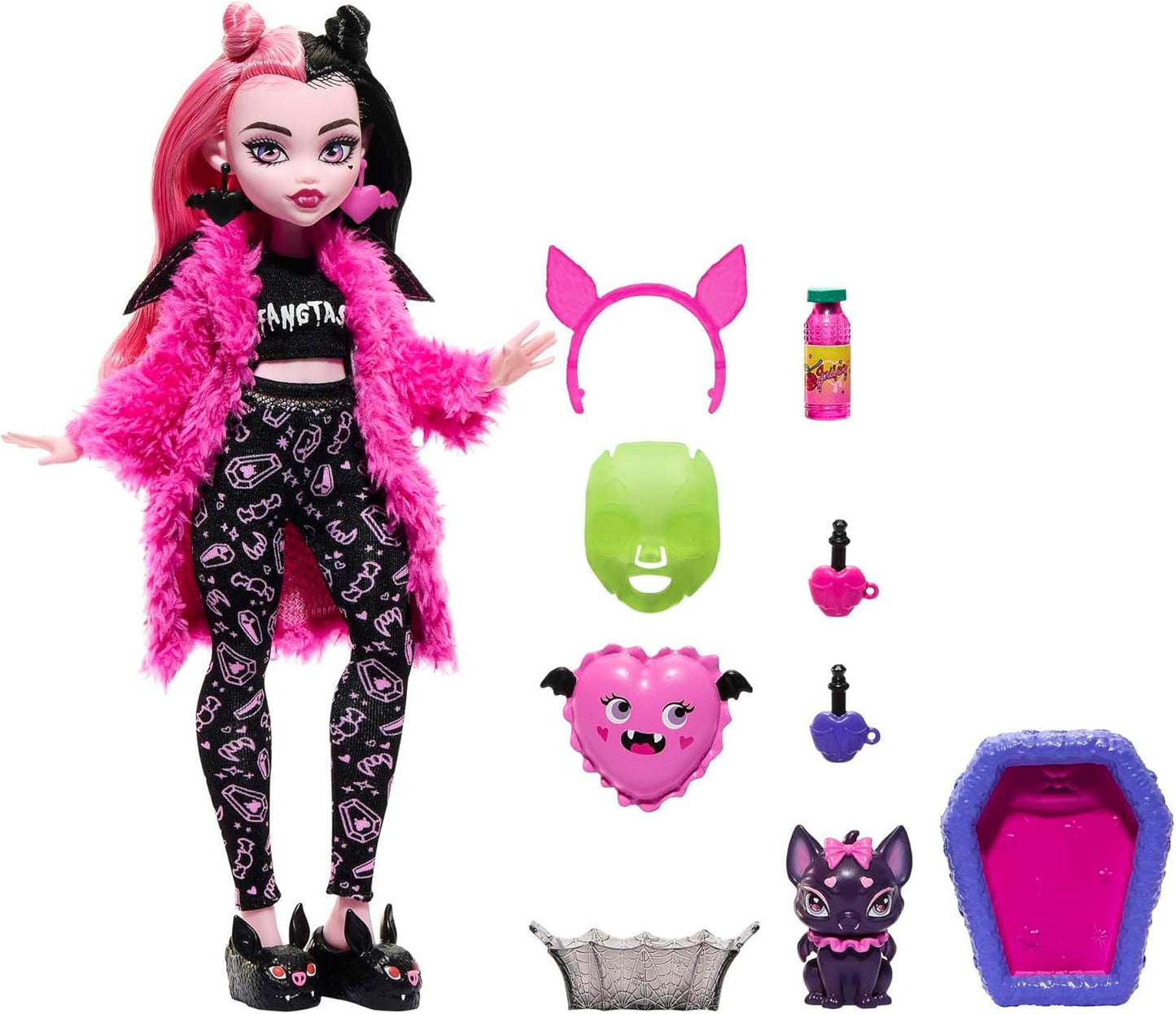 MONSTER HIGH Dukke og pyjamas Festtilbehør Draculaura Bat Count Fabelagtig dukke Pet Creepover Party HPY66 Naty Shop Dolls