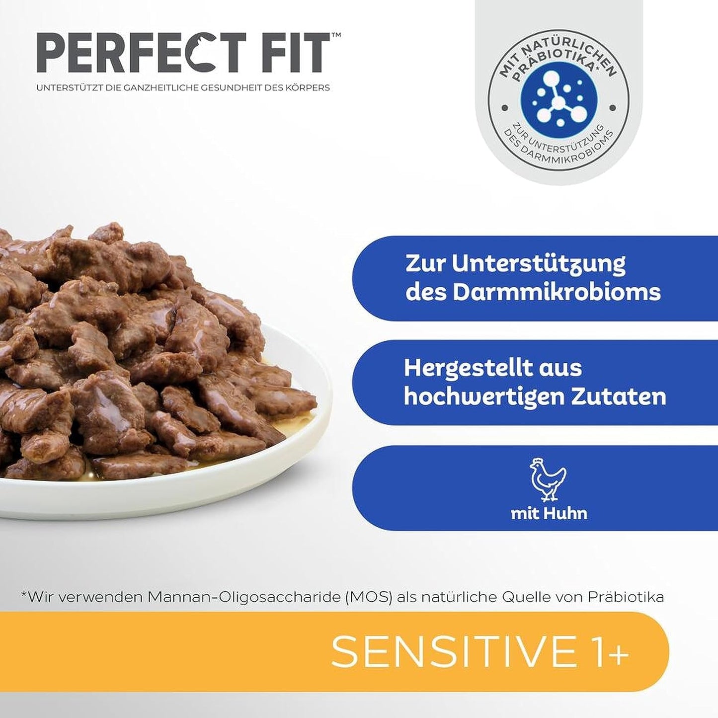 Vådfoder til katte Perfect Fit Sensitive 1+ med kylling i sauce, 12 poser, 12 x 85g - Premium vådfoder til følsomme katte fra 1 år, uden hvede og soja, for at støtte fordøjelsen