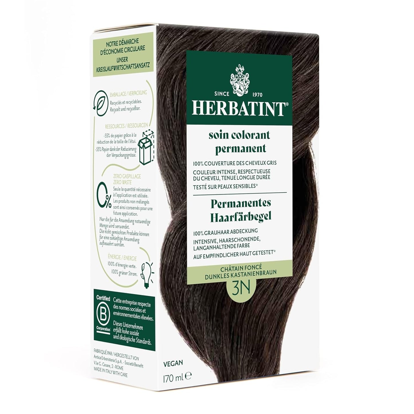 Permanent hårfarvegel 6N mørkeblond - 170 ml I Ammoniakfri, 100% dækning af gråt hår I Testet på følsom hud, med 8 planteekstrakter Hårfarve Naty Shop 3N Mørk kastanje