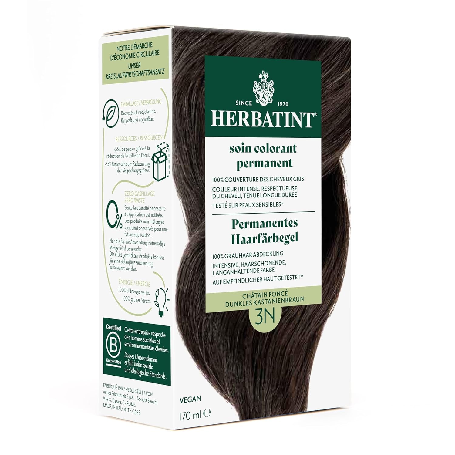 Permanent hårfarvegel 6N mørkeblond - 170 ml I Ammoniakfri, 100% dækning af gråt hår I Testet på følsom hud, med 8 planteekstrakter Hårfarve Naty Shop 3N Mørk kastanje