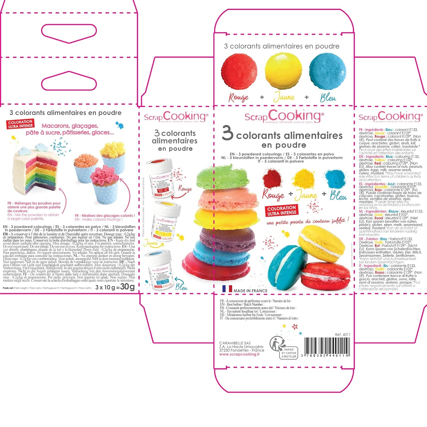 Scrapcooking - Sæt med 3 pulvermadfarve - Rød Gul Blå - Madfarve til bagning, kager, småkager, småkager, dej, fondant, regnbuekage - 4011
