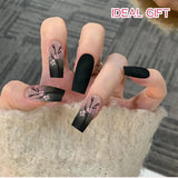 24 stk Autumn Black French Press Negle Pink Flower Lange negle lim på falske negle Autumn falske negle sæt med tilbehør